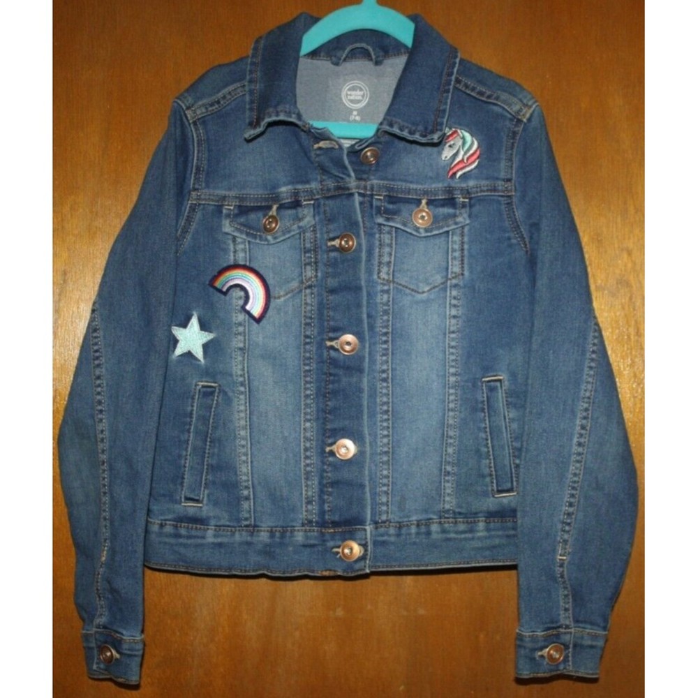 Wonder Nation Girl's Denim Jean Jacket Sz 7/8 Med Embroidery Unicorn Rainbow